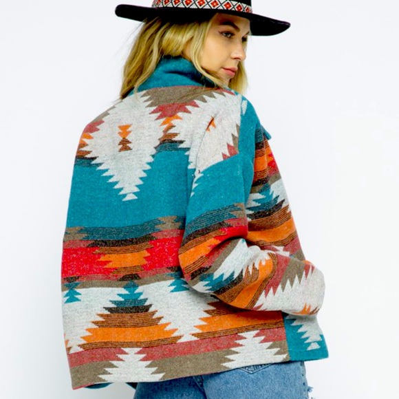 New Tribal Aztec Print Flannel Shacket Coat Jacket - Picture 2 of 11